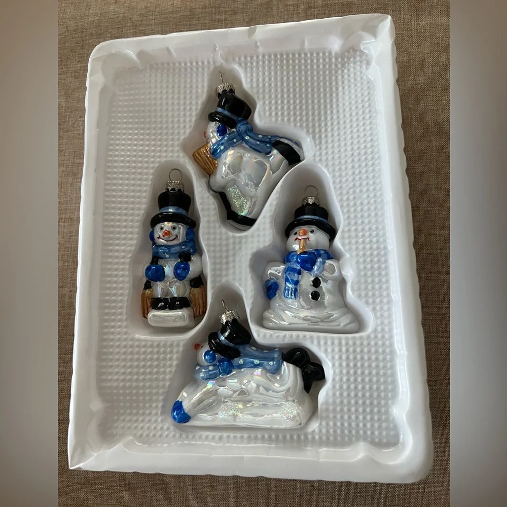Set of (4) 2001 Target decorated iridescent glass snowman ornaments